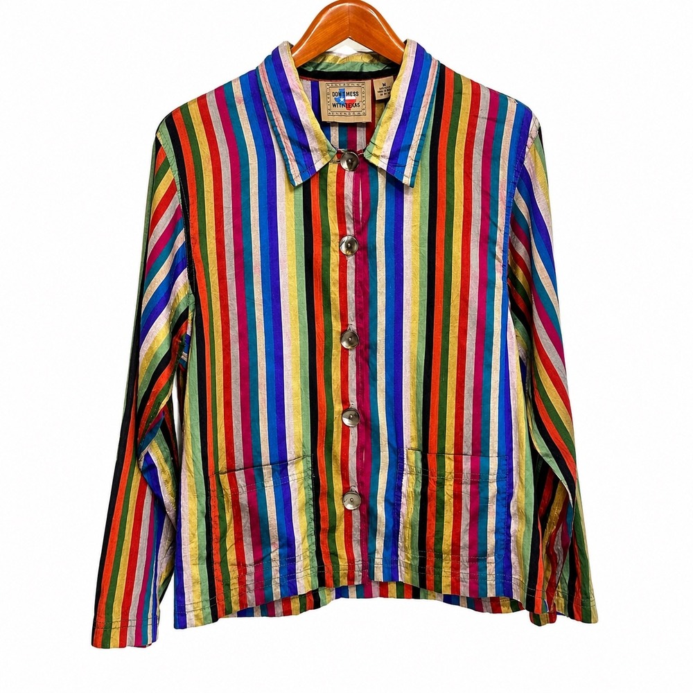 Don't Mess With Texas Silk Striped Jacket Womens Medium Multi Color Button Front